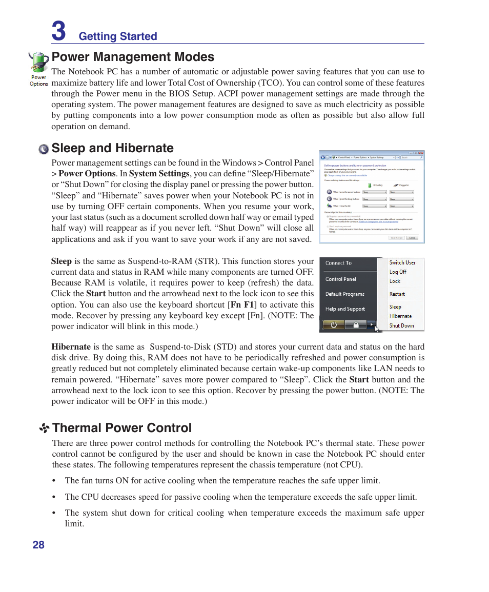 Power management modes, Sleep and hibernate, Thermal power control | Asus E3101 User Manual | Page 28 / 86