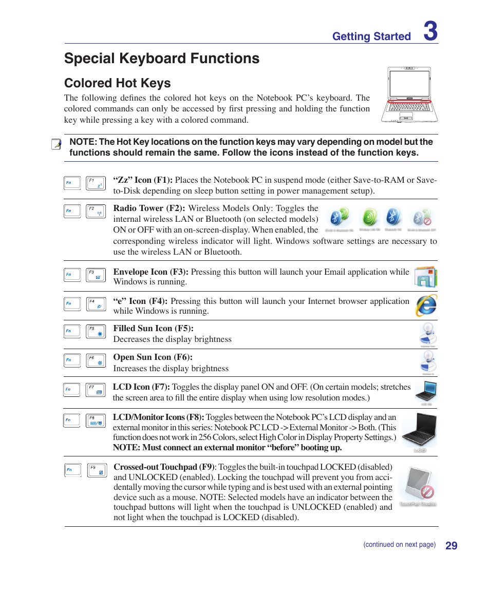 Special keyboard functions, Colored hot keys | Asus E3101 User Manual | Page 29 / 86