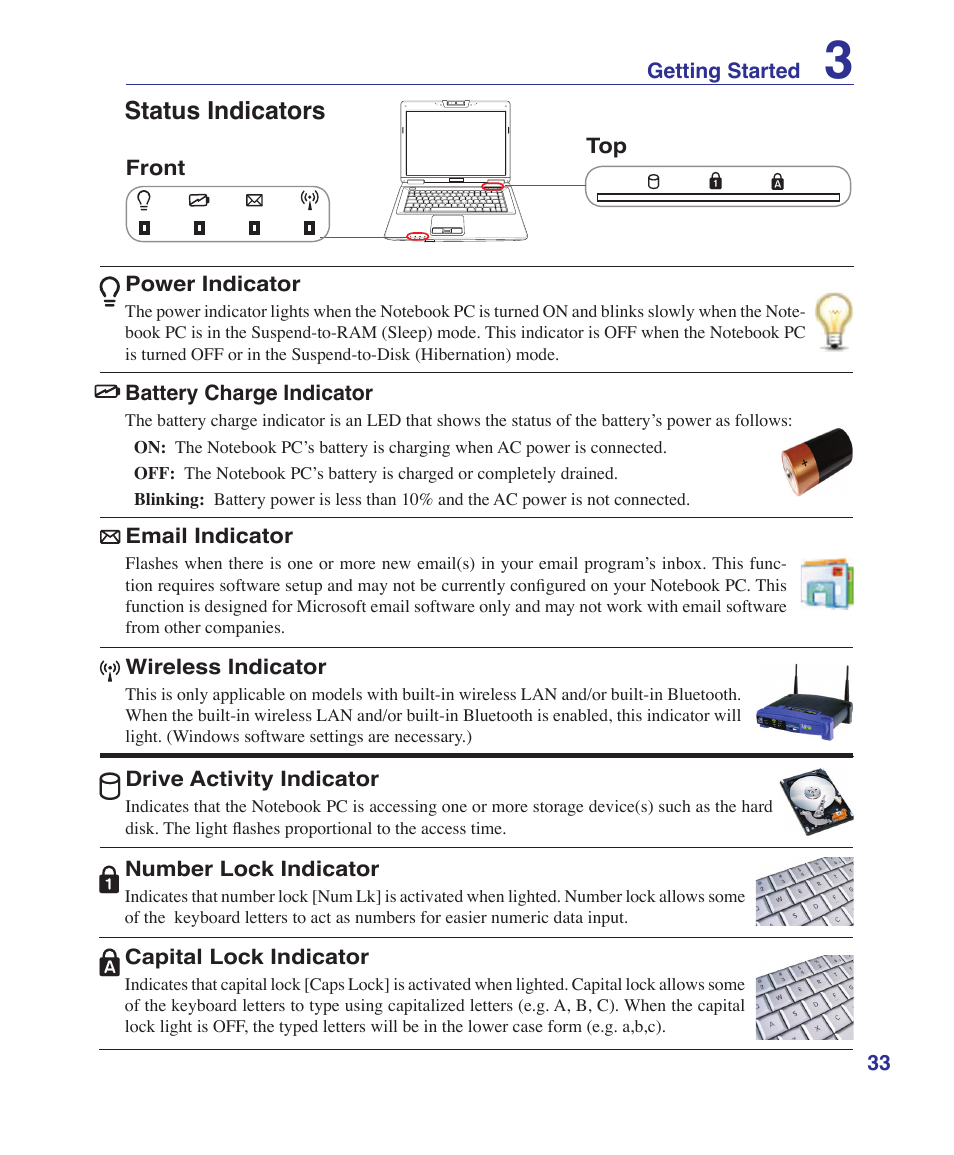 Status indicators | Asus E3101 User Manual | Page 33 / 86