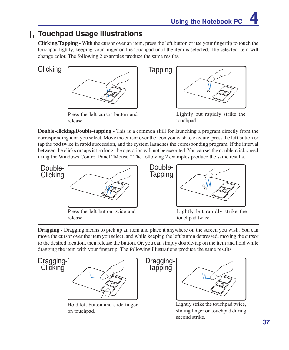 Touchpad usage illustrations, Dragging- clicking dragging- tapping | Asus E3101 User Manual | Page 37 / 86