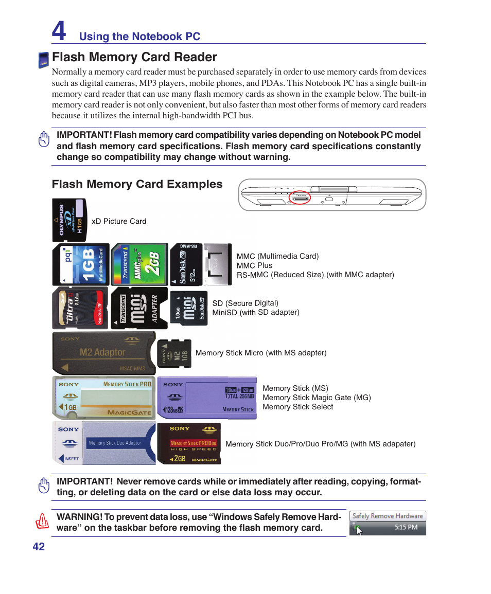 Flash memory card reader | Asus E3101 User Manual | Page 42 / 86
