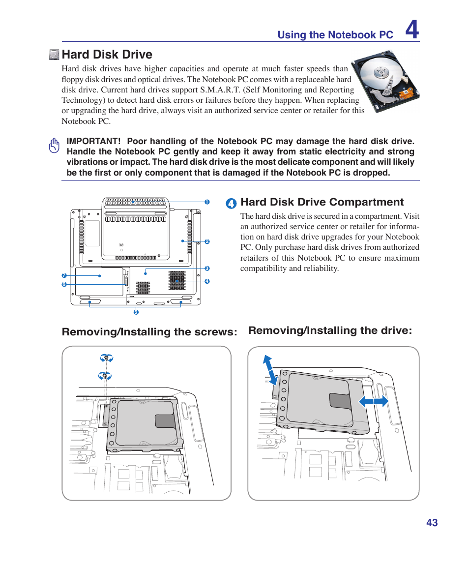 Hard disk drive, Hard disk drive compartment | Asus E3101 User Manual | Page 43 / 86