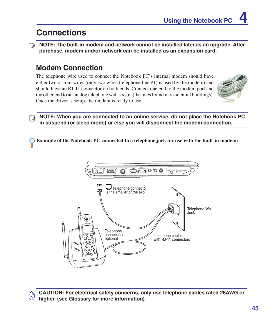 Connections, Modem connection | Asus E3101 User Manual | Page 45 / 86