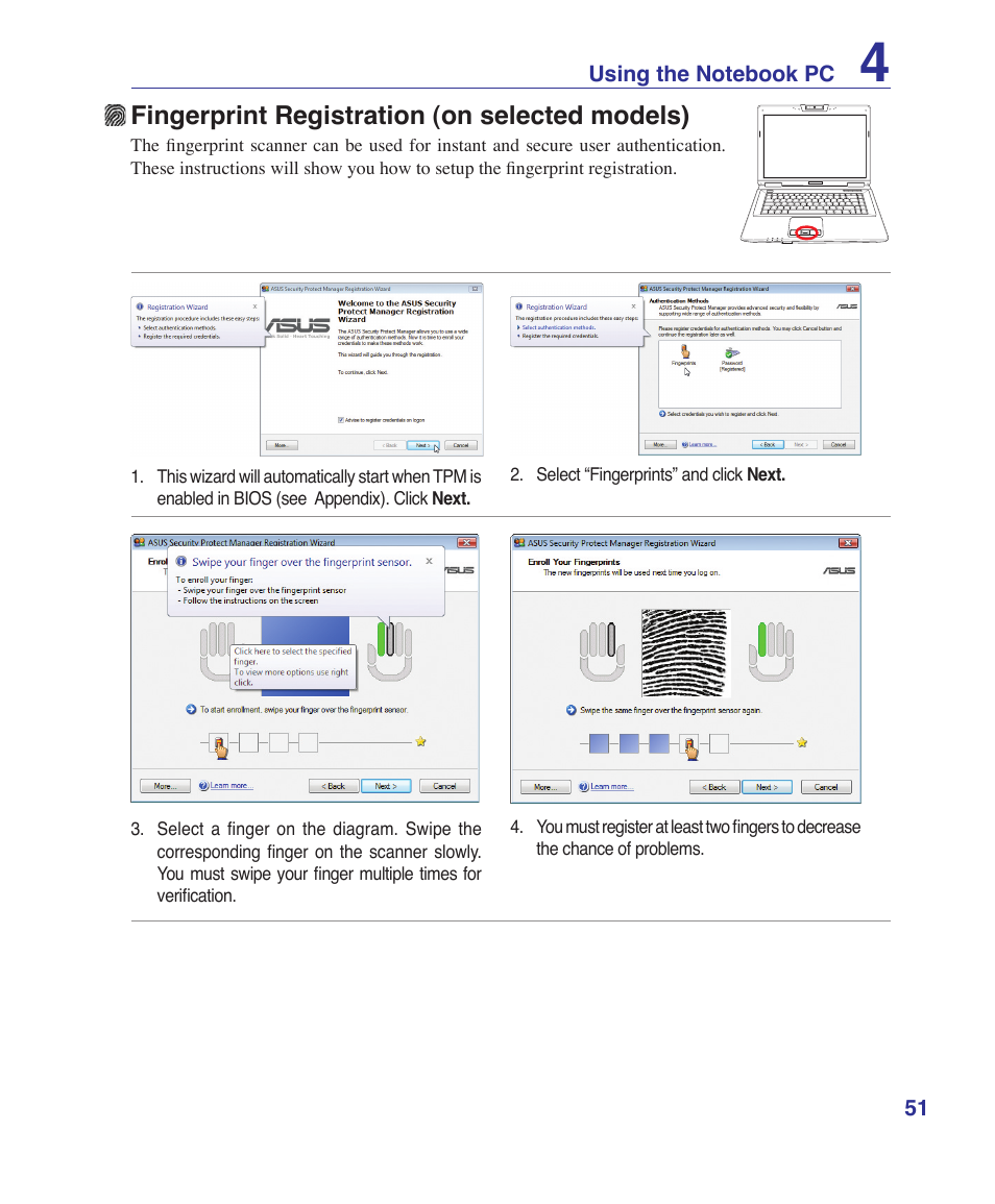 Fingerprint registration (on selected models) | Asus E3101 User Manual | Page 51 / 86