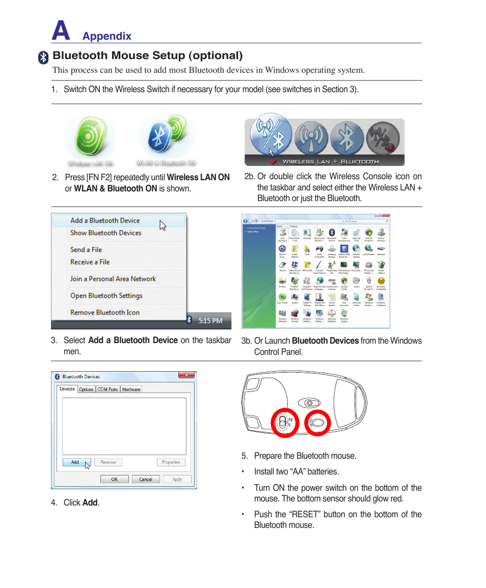 Appendix, Bluetooth mouse setup (optional) | Asus E3101 User Manual | Page 58 / 86