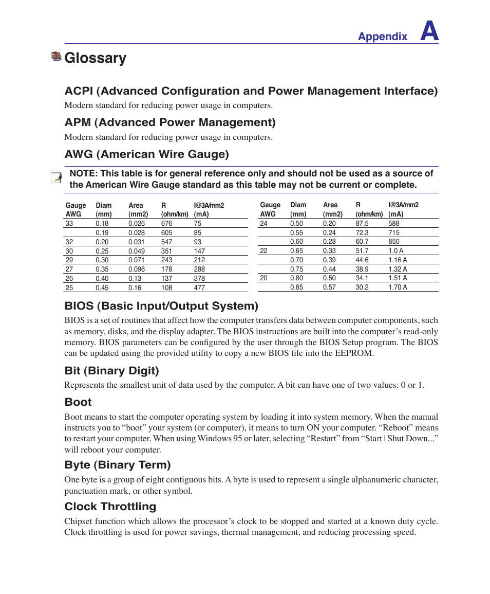 Glossary, Appendix, Apm (advanced power management) | Awg (american wire gauge), Bios (basic input/output system), Bit (binary digit), Boot, Byte (binary term), Clock throttling | Asus E3101 User Manual | Page 71 / 86