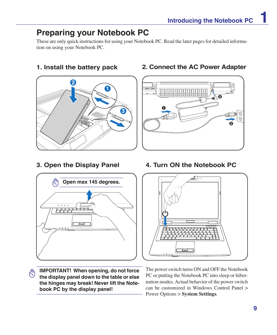 Preparing your notebook pc | Asus E3101 User Manual | Page 9 / 86