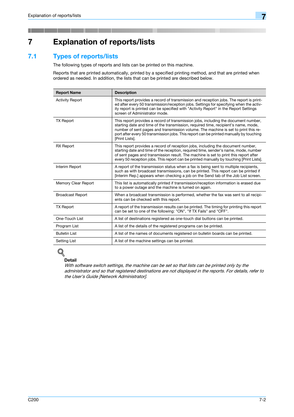 7 explanation of reports/lists, 1 types of reports/lists, Explanation of reports/lists | Types of reports/lists -2, 7explanation of reports/lists | Konica Minolta bizhub C200 User Manual | Page 100 / 176