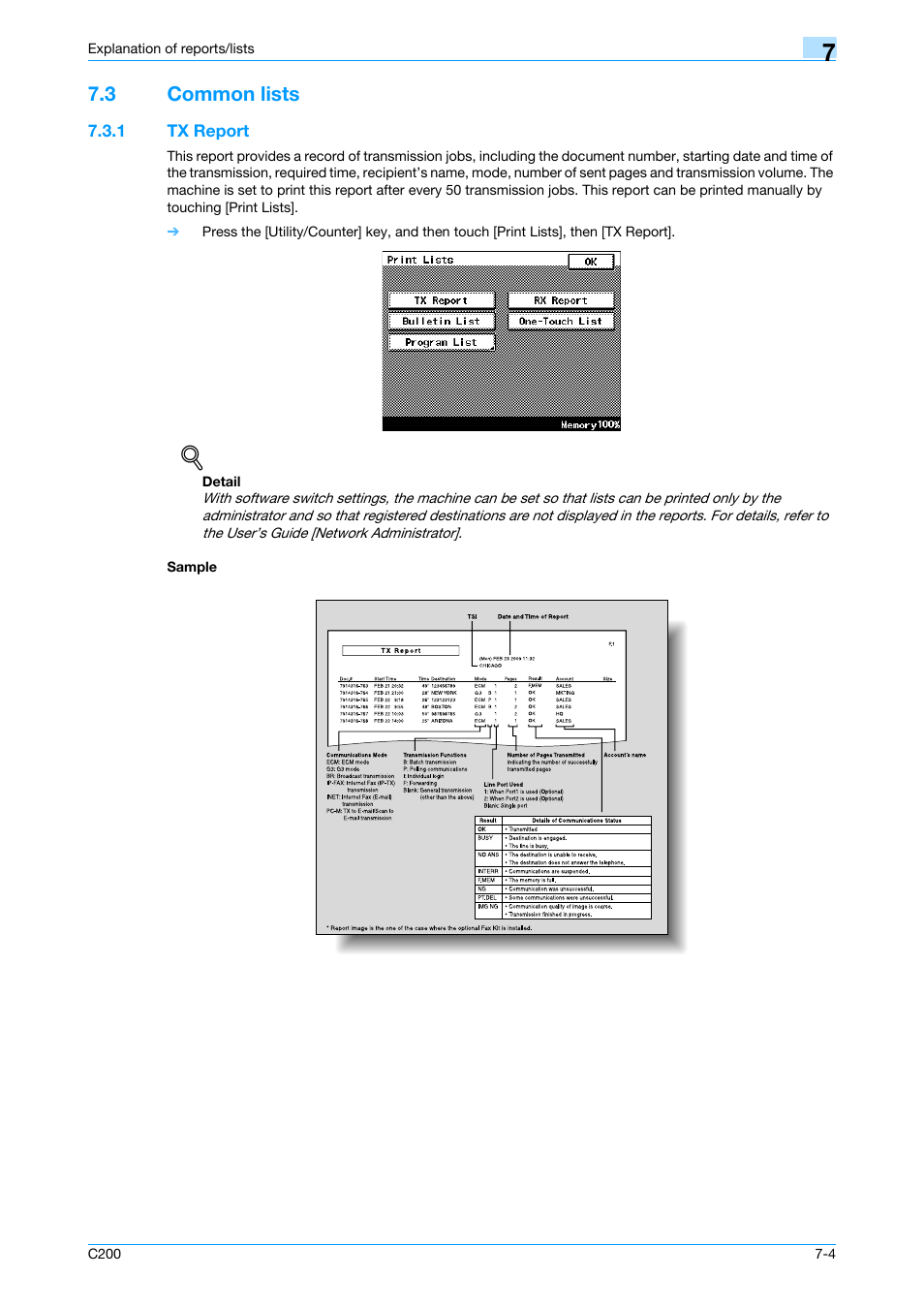 3 common lists, 1 tx report, Sample | Common lists -4, Tx report -4 sample -4, P. 7-4 | Konica Minolta bizhub C200 User Manual | Page 102 / 176