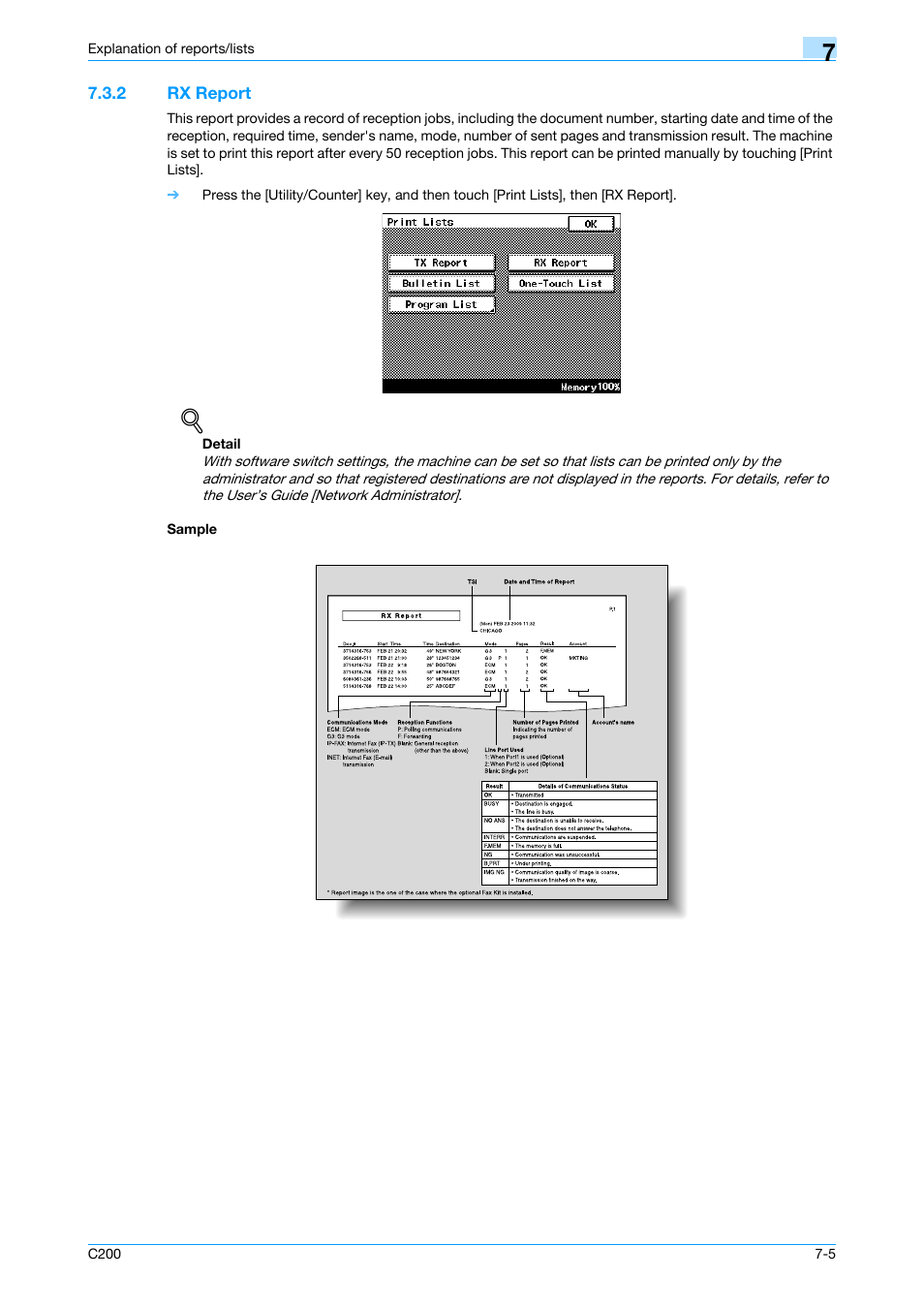 2 rx report, Sample, Rx report -5 sample -5 | P. 7-5 | Konica Minolta bizhub C200 User Manual | Page 103 / 176