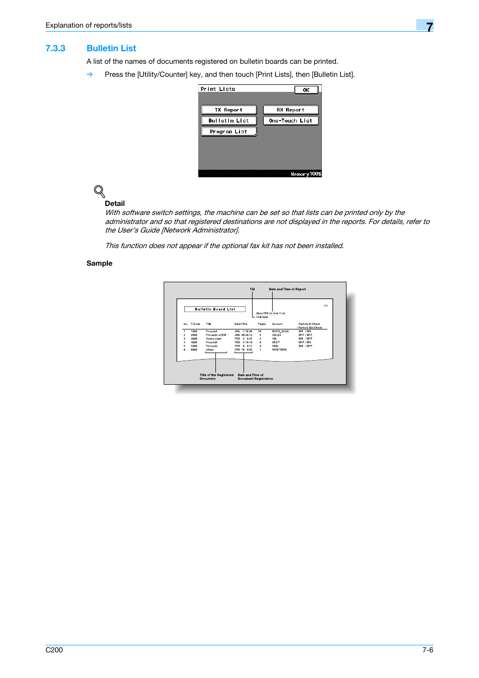 3 bulletin list, Sample, Bulletin list -6 sample -6 | P. 7-6 | Konica Minolta bizhub C200 User Manual | Page 104 / 176