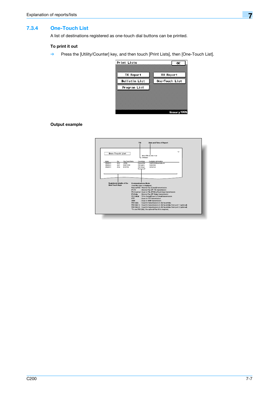 4 one-touch list, To print it out, Output example | E-touch list, P. 7-7 | Konica Minolta bizhub C200 User Manual | Page 105 / 176