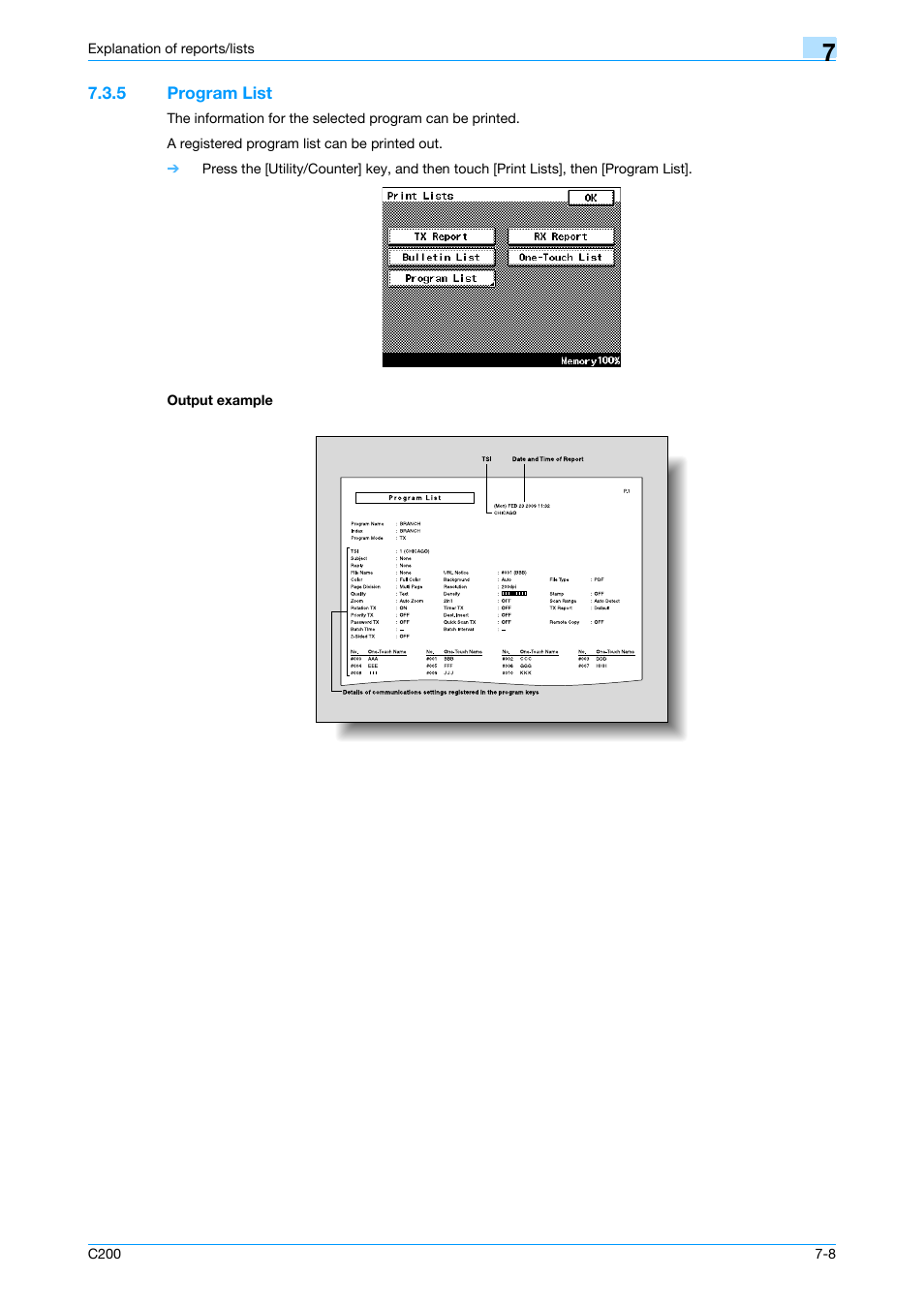 5 program list, Output example, Program list -8 output example -8 | P. 7-8 | Konica Minolta bizhub C200 User Manual | Page 106 / 176