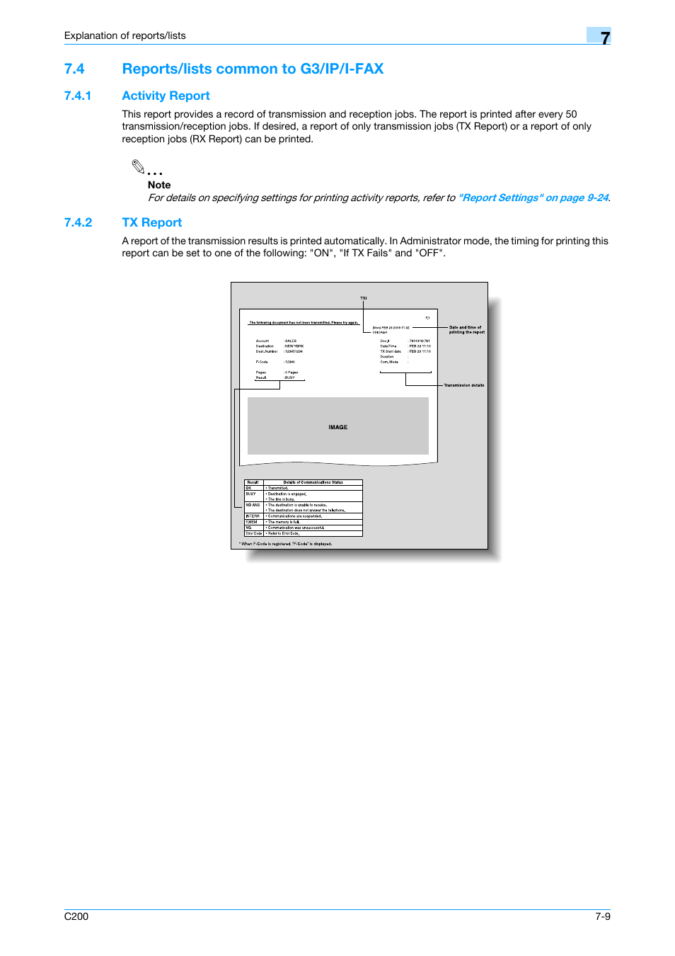 4 reports/lists common to g3/ip/i-fax, 1 activity report, 2 tx report | Reports/lists common to g3/ip/i-fax -9, Activity report -9, Tx report -9 | Konica Minolta bizhub C200 User Manual | Page 107 / 176