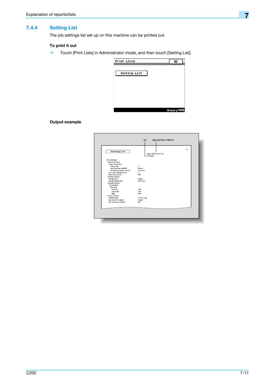 4 setting list, To print it out, Output example | Etting list, P. 7-11 | Konica Minolta bizhub C200 User Manual | Page 109 / 176