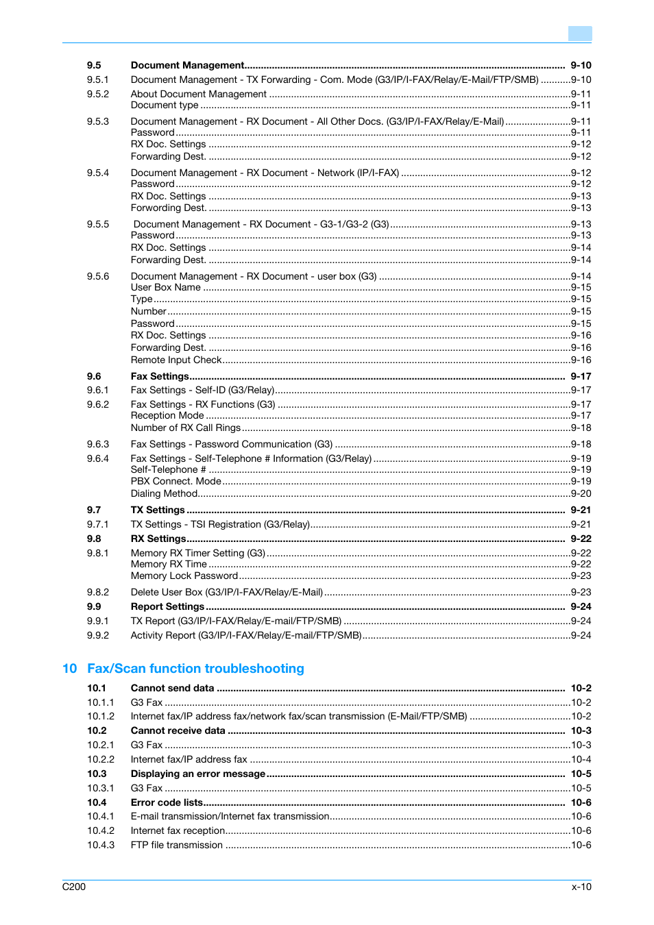 10 fax/scan function troubleshooting | Konica Minolta bizhub C200 User Manual | Page 11 / 176