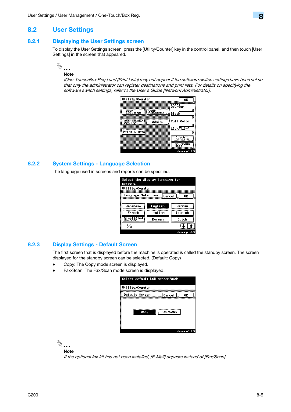 2 user settings, 1 displaying the user settings screen, 2 system settings - language selection | 3 display settings - default screen, User settings -5, Displaying the user settings screen -5, System settings - language selection -5, Display settings - default screen -5, P. 8-5 | Konica Minolta bizhub C200 User Manual | Page 115 / 176
