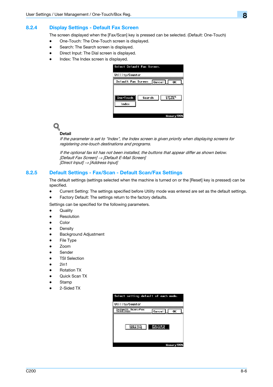 4 display settings - default fax screen, Display settings - default fax screen -6, Display settings - default | P. 8-6, Settings | Konica Minolta bizhub C200 User Manual | Page 116 / 176