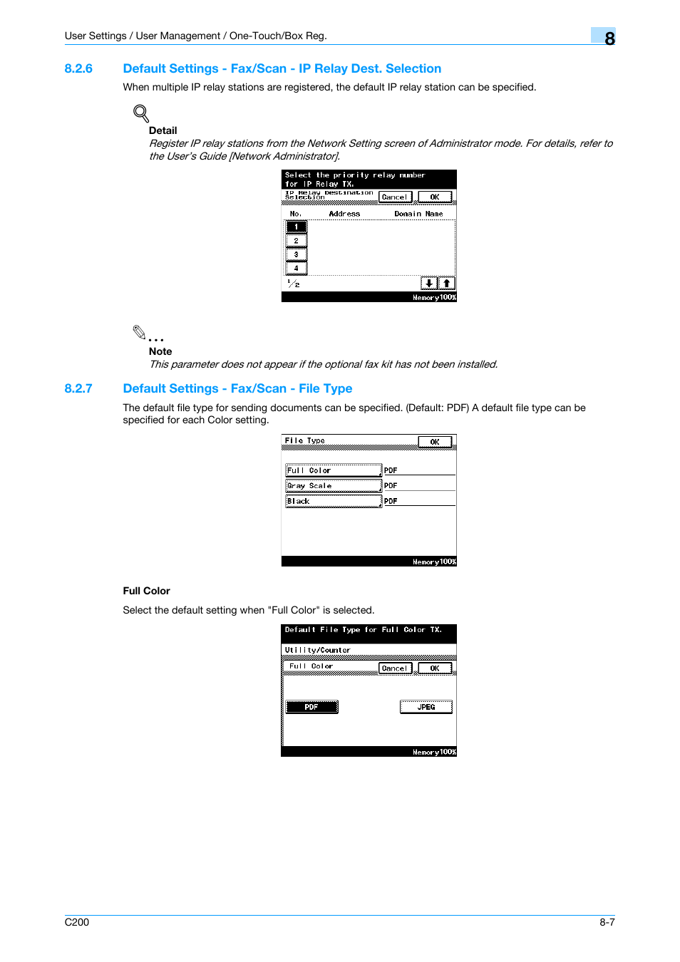 7 default settings - fax/scan - file type, Full color, P. 8-7 | Konica Minolta bizhub C200 User Manual | Page 117 / 176