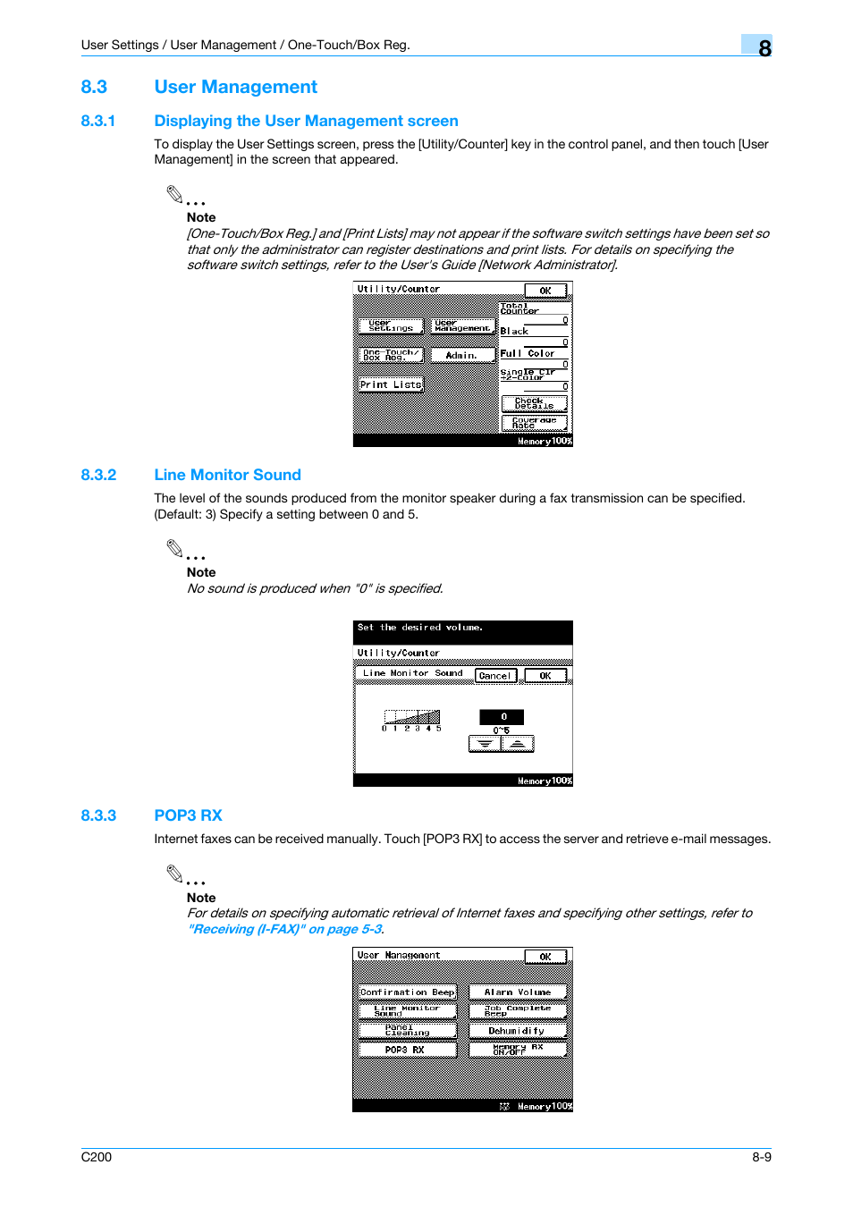 3 user management, 1 displaying the user management screen, 2 line monitor sound | 3 pop3 rx, User management -9, Displaying the user management screen -9, Line monitor sound -9, Pop3 rx -9, P. 8-9 | Konica Minolta bizhub C200 User Manual | Page 119 / 176