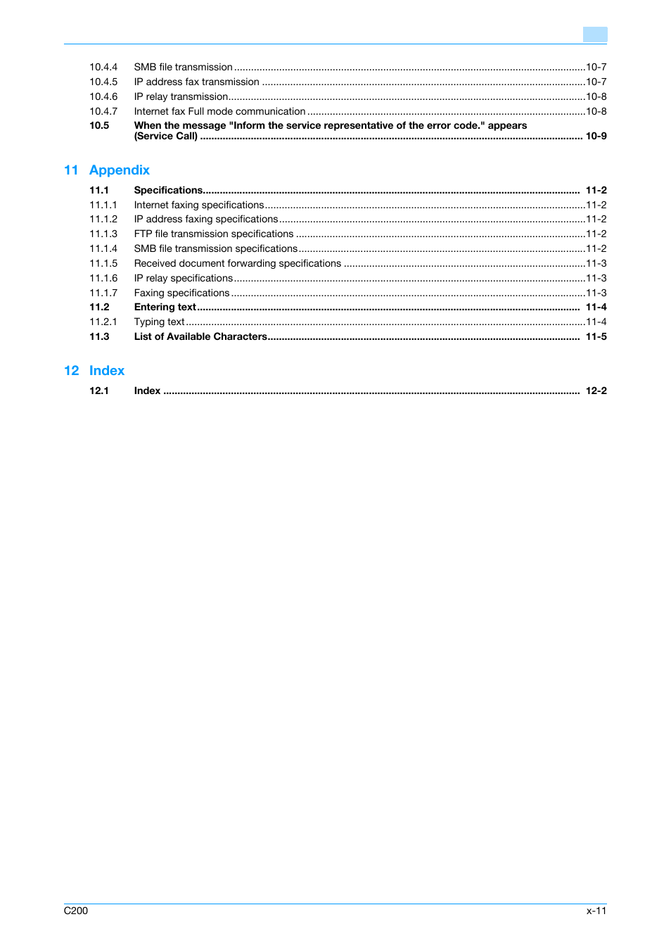 11 appendix, 12 index | Konica Minolta bizhub C200 User Manual | Page 12 / 176