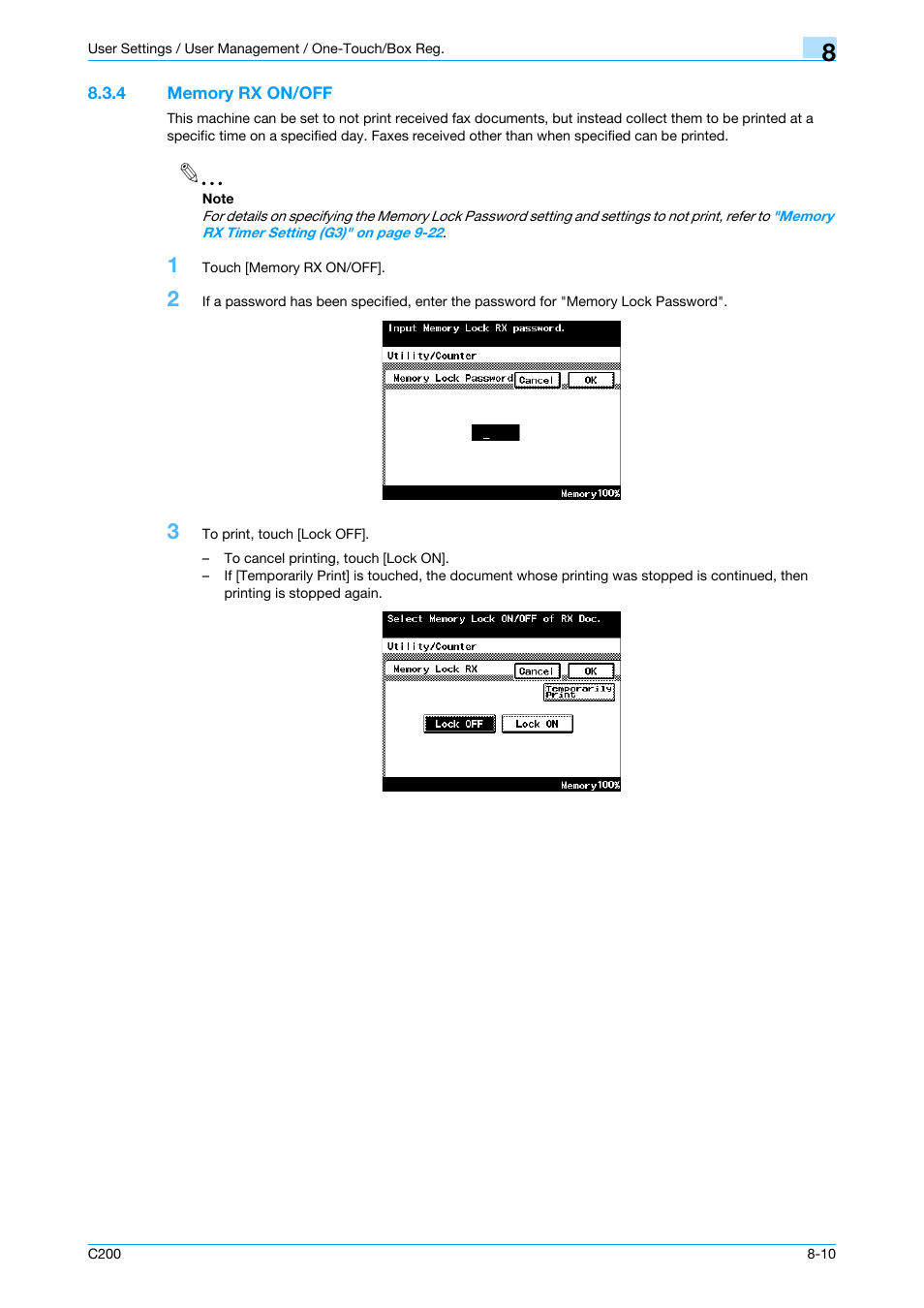 4 memory rx on/off, Memory rx on/off -10, P. 8-10 | Konica Minolta bizhub C200 User Manual | Page 120 / 176