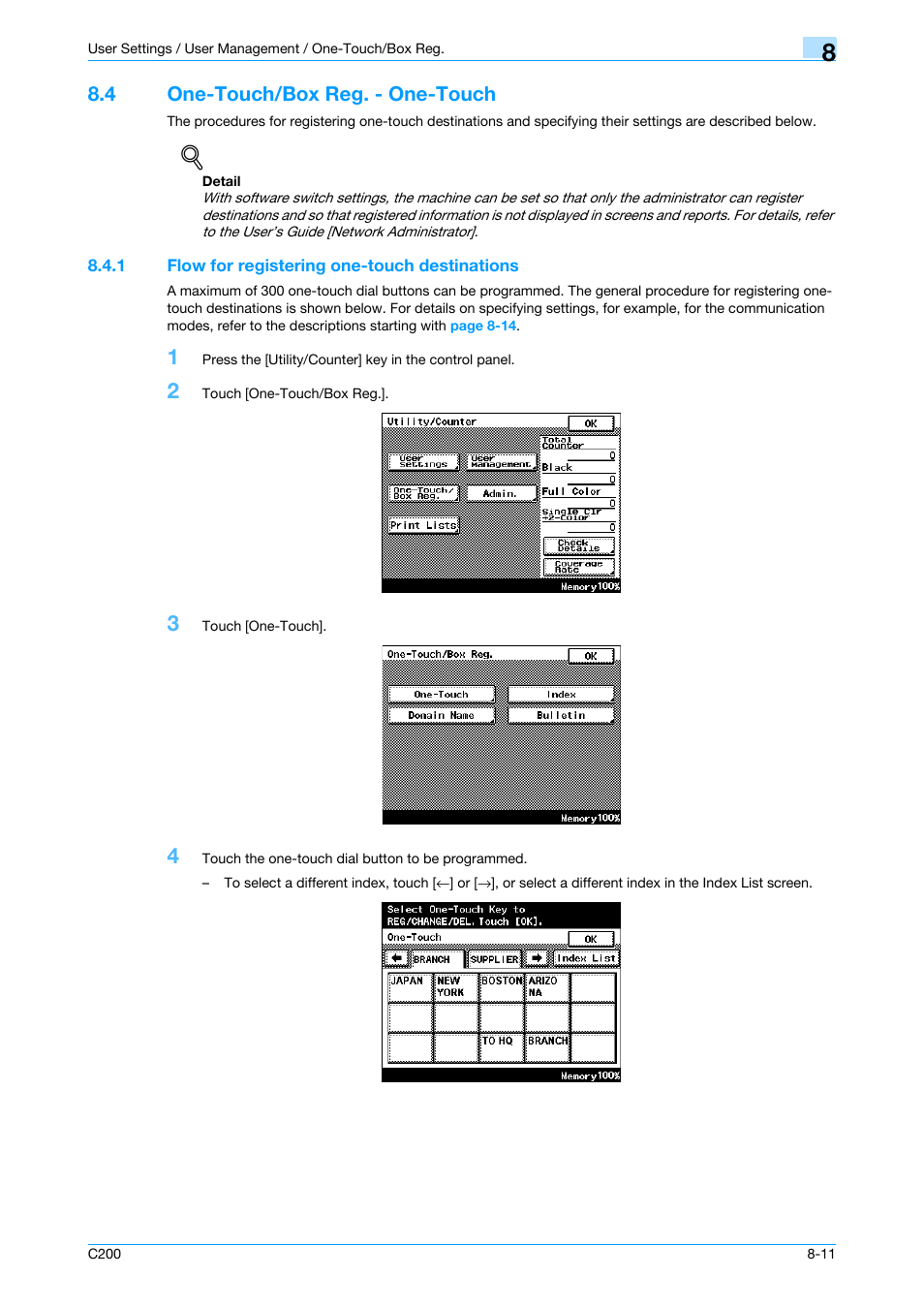 4 one-touch/box reg. - one-touch, 1 flow for registering one-touch destinations, One-touch/box reg. - one-touch -11 | Flow for registering one-touch destinations -11, R to, One-touch/box reg. - one-touch" on, P. 8-11 | Konica Minolta bizhub C200 User Manual | Page 121 / 176