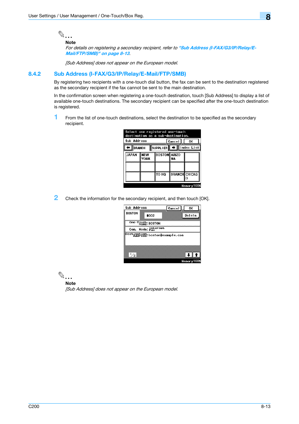 2 sub address (i-fax/g3/ip/relay/e-mail/ftp/smb), Sub address (i-fax/g3/ip/relay/e-mail/ftp/smb) -13, P. 8-13 | Konica Minolta bizhub C200 User Manual | Page 123 / 176