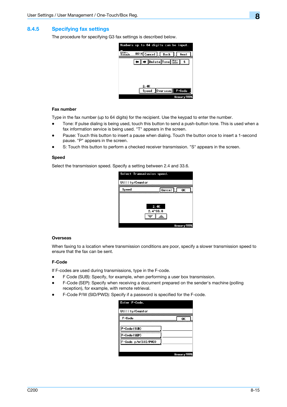 5 specifying fax settings, Fax number, Speed | Overseas, F-code, Mber, P. 8-15 | Konica Minolta bizhub C200 User Manual | Page 125 / 176