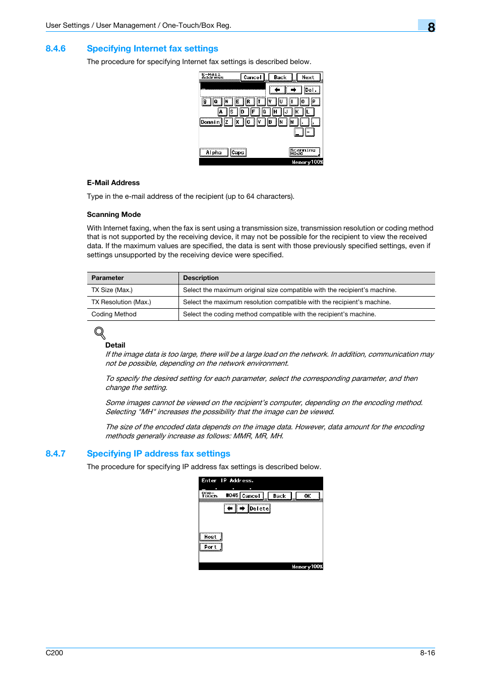 6 specifying internet fax settings, E-mail address, Scanning mode | 7 specifying ip address fax settings, Specifying ip address fax settings -16, Ddress, P. 8-16, Anning mode | Konica Minolta bizhub C200 User Manual | Page 126 / 176