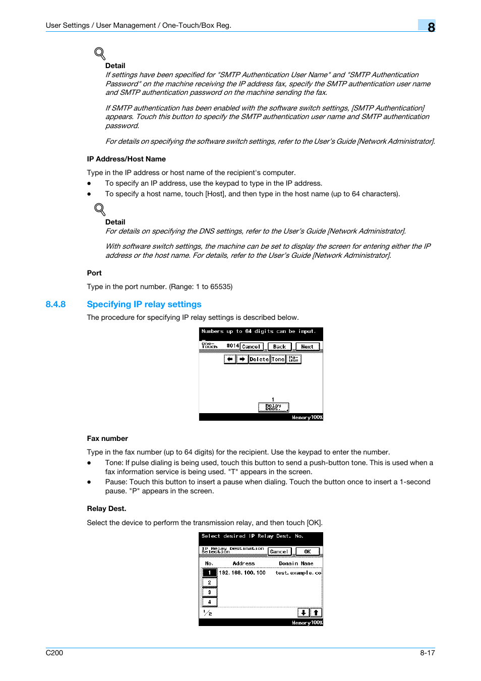 Ip address/host name, Port, 8 specifying ip relay settings | Fax number, Relay dest, Ip address/host name -17 port -17, P. 8-17 | Konica Minolta bizhub C200 User Manual | Page 127 / 176
