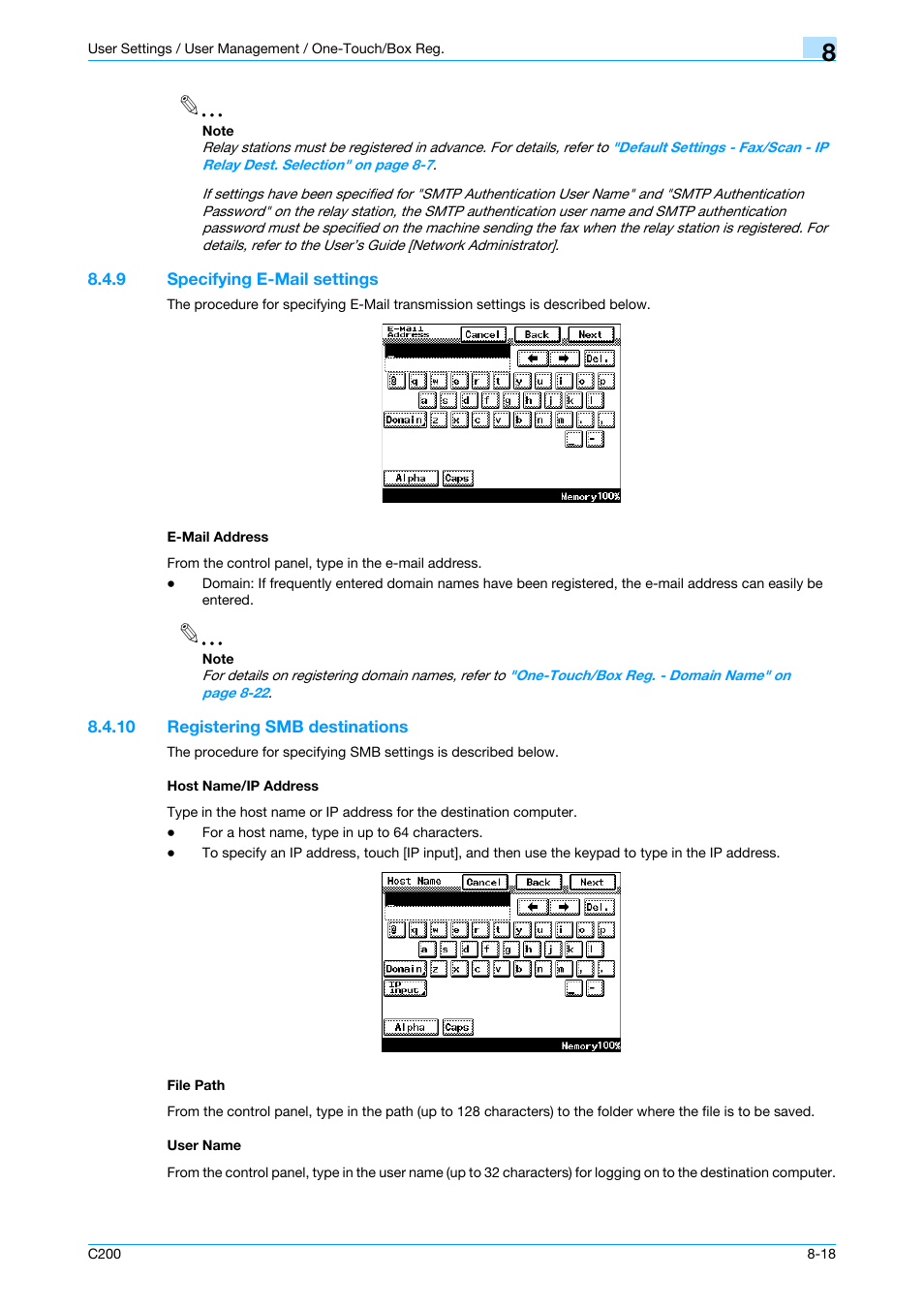 9 specifying e-mail settings, E-mail address, 10 registering smb destinations | Host name/ip address, File path, User name, Specifying e-mail settings -18 e-mail address -18, Address, P. 8-18 | Konica Minolta bizhub C200 User Manual | Page 128 / 176