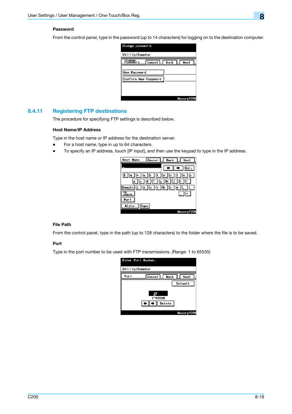 Password, 11 registering ftp destinations, Host name/ip address | File path, Port, Password -19, P. 8-19 | Konica Minolta bizhub C200 User Manual | Page 129 / 176