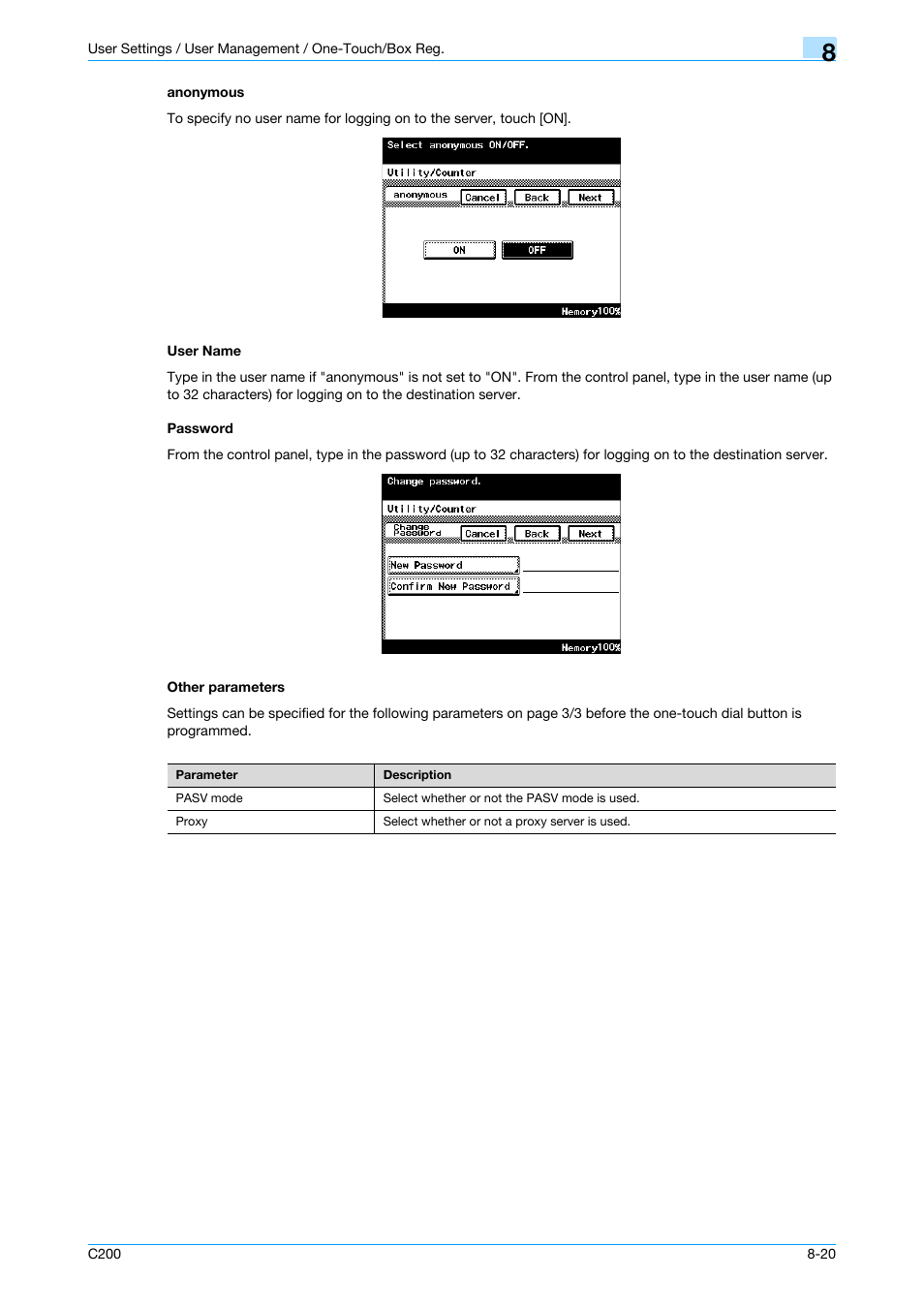 Anonymous, User name, Password | Other parameters, P. 8-20 | Konica Minolta bizhub C200 User Manual | Page 130 / 176