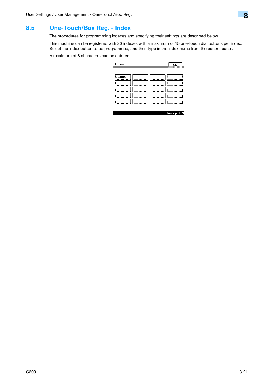 5 one-touch/box reg. - index, One-touch/box reg. - index -21, P. 8-21 | Konica Minolta bizhub C200 User Manual | Page 131 / 176