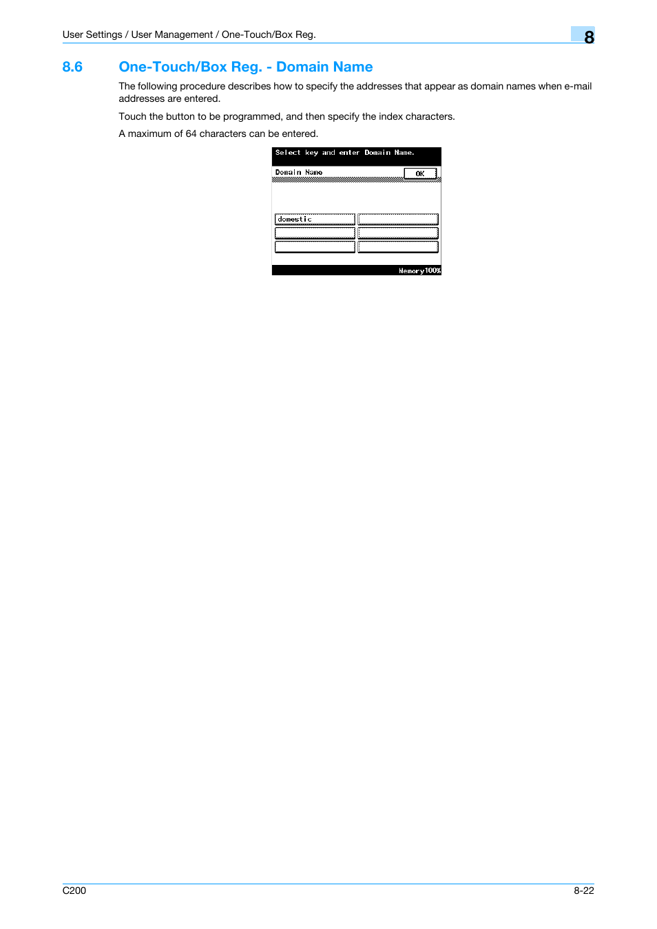 6 one-touch/box reg. - domain name, One-touch/box reg. - domain name -22, P. 8-22 | One-touch/box reg. - domain name" on | Konica Minolta bizhub C200 User Manual | Page 132 / 176