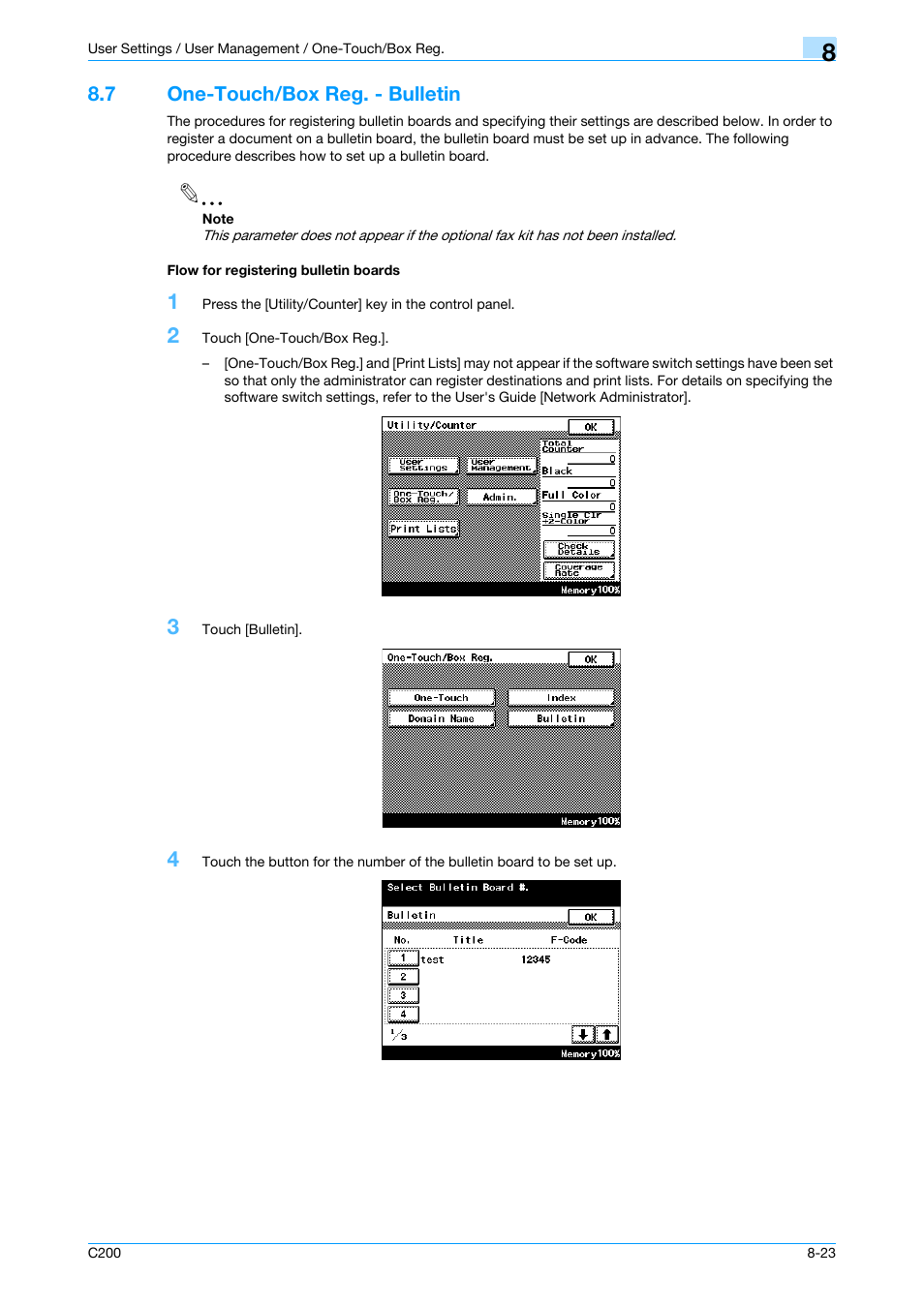 7 one-touch/box reg. - bulletin, Flow for registering bulletin boards, Refer to | One-touch/box reg. - bulletin" on | Konica Minolta bizhub C200 User Manual | Page 133 / 176