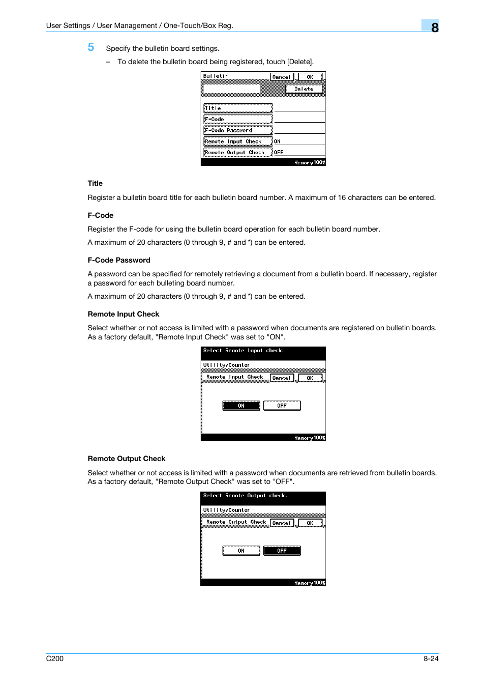 Title, F-code, F-code password | Remote input check, Remote output check, P. 8-24 | Konica Minolta bizhub C200 User Manual | Page 134 / 176