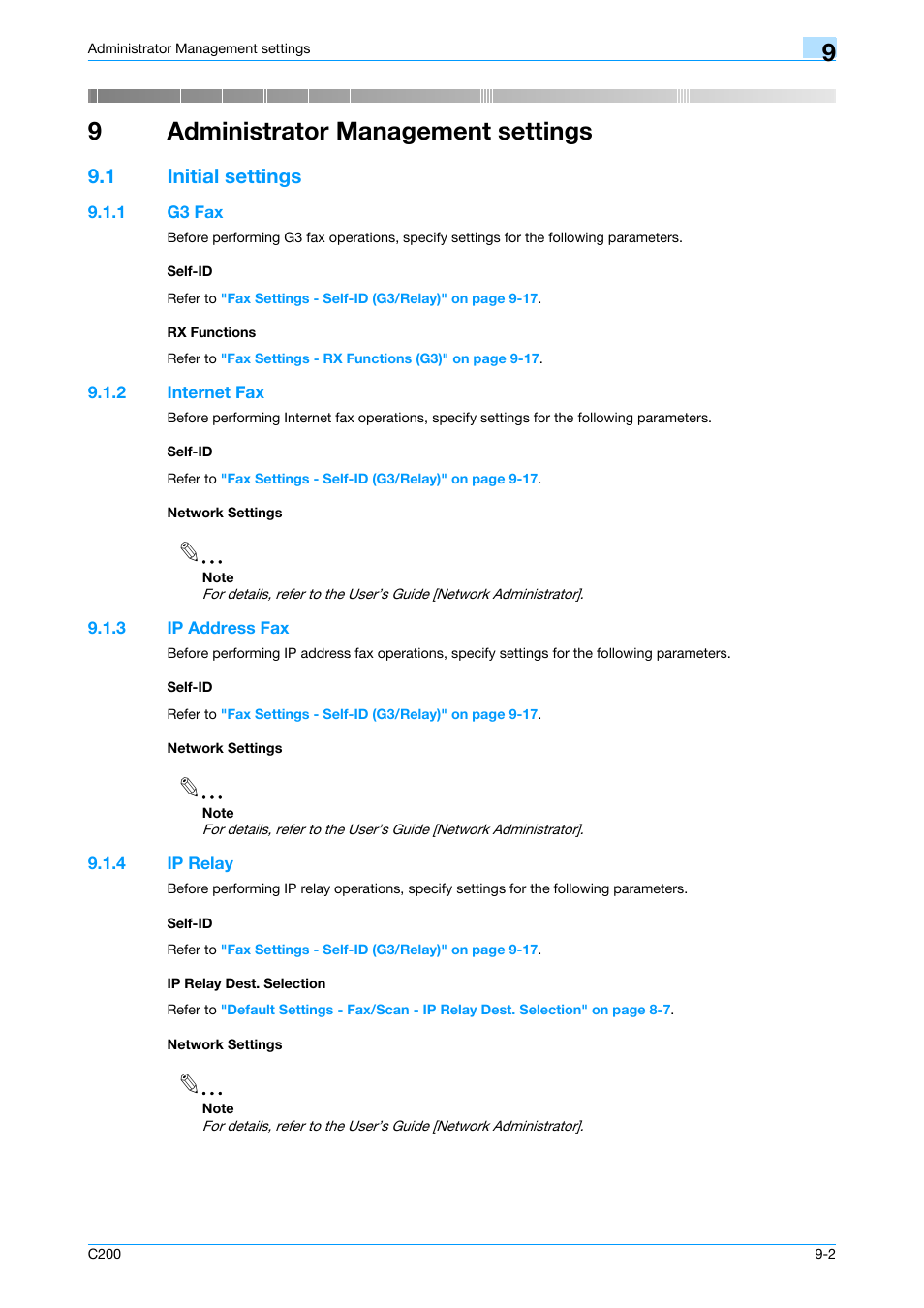 9 administrator management settings, 1 initial settings, 1 g3 fax | Self-id, Rx functions, 2 internet fax, Network settings, 3 ip address fax, 4 ip relay, Ip relay dest. selection | Konica Minolta bizhub C200 User Manual | Page 136 / 176