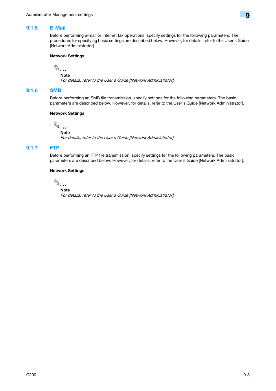 5 e-mail, Network settings, 6 smb | 7 ftp, E-mail -3 network settings -3, Smb -3 network settings -3, Ftp -3 network settings -3 | Konica Minolta bizhub C200 User Manual | Page 137 / 176