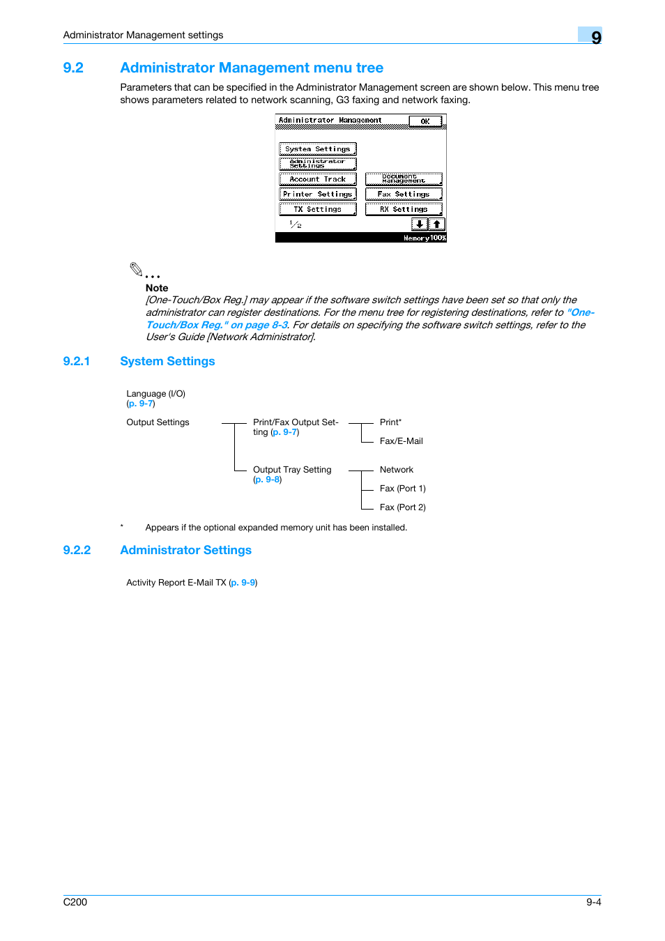 2 administrator management menu tree, 1 system settings, 2 administrator settings | Administrator management menu tree -4, System settings -4, Administrator settings -4 | Konica Minolta bizhub C200 User Manual | Page 138 / 176