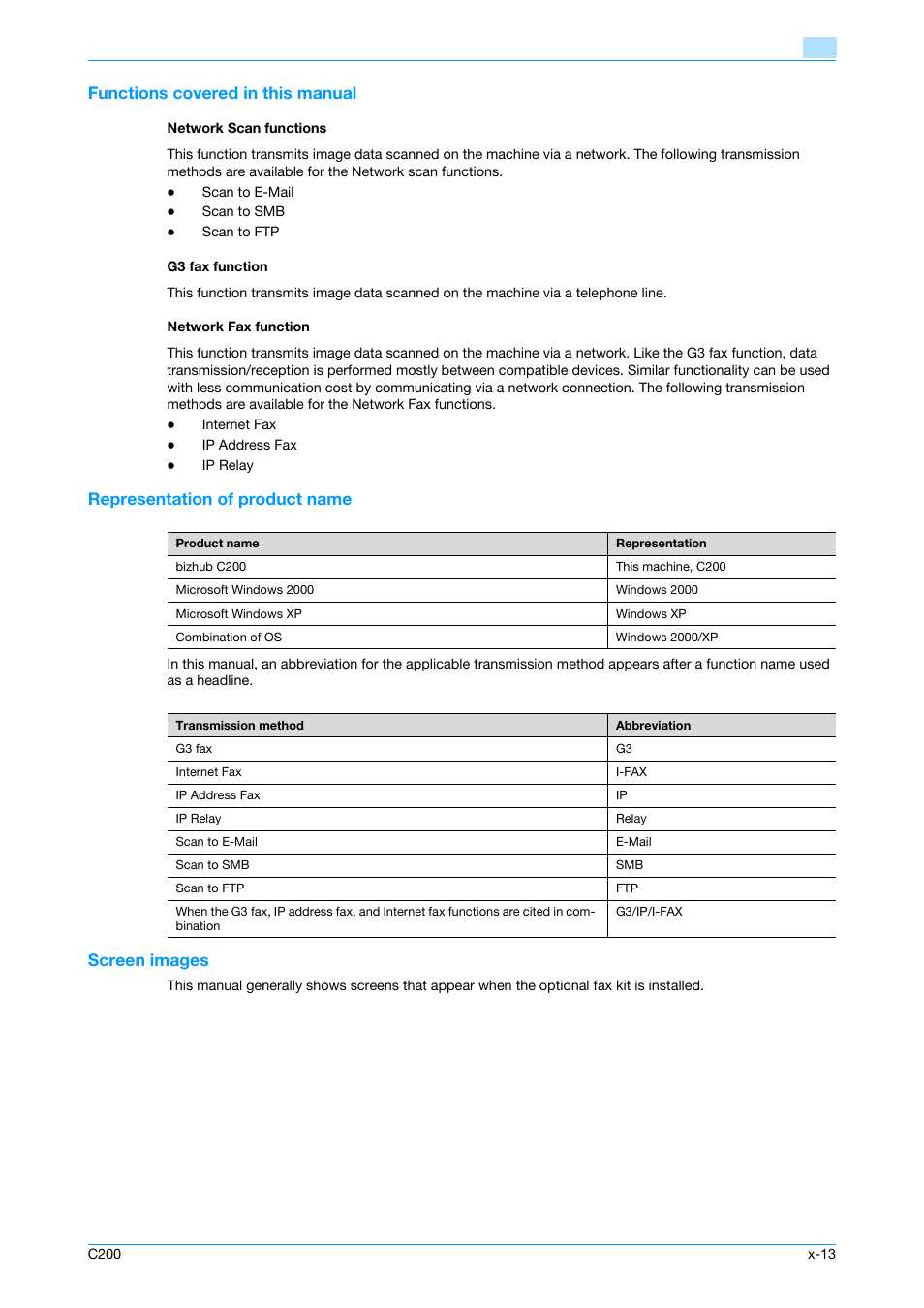 Functions covered in this manual, Network scan functions, G3 fax function | Network fax function, Representation of product name, Screen images | Konica Minolta bizhub C200 User Manual | Page 14 / 176