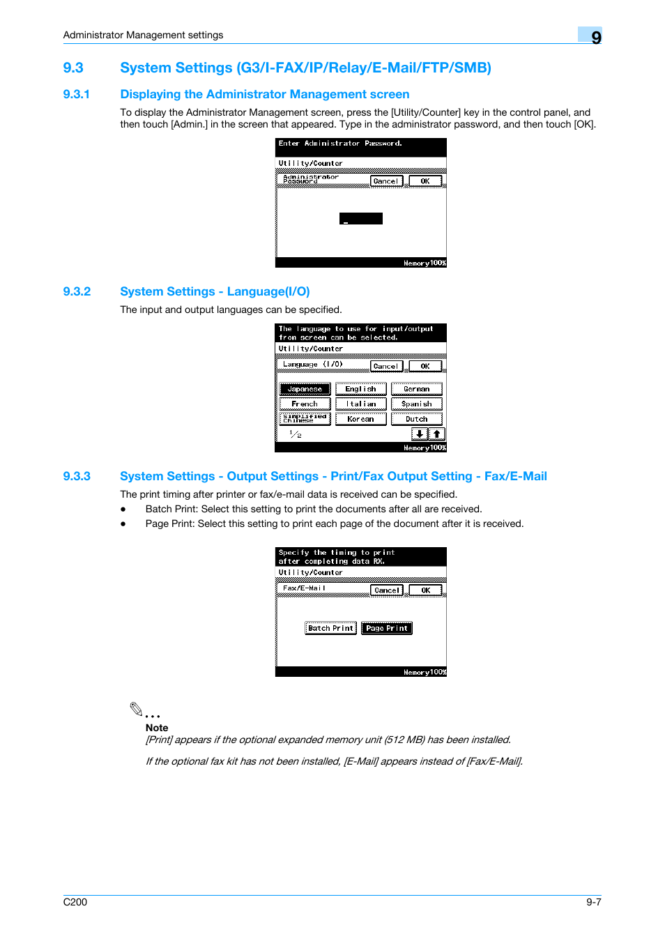 1 displaying the administrator management screen, 2 system settings - language(i/o), Displaying the administrator management screen -7 | System settings - language(i/o) -7, P. 9-7 | Konica Minolta bizhub C200 User Manual | Page 141 / 176