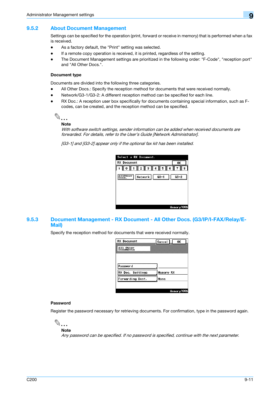 2 about document management, Document type, Password | About document management -11 document type -11, P. 9-11 | Konica Minolta bizhub C200 User Manual | Page 145 / 176
