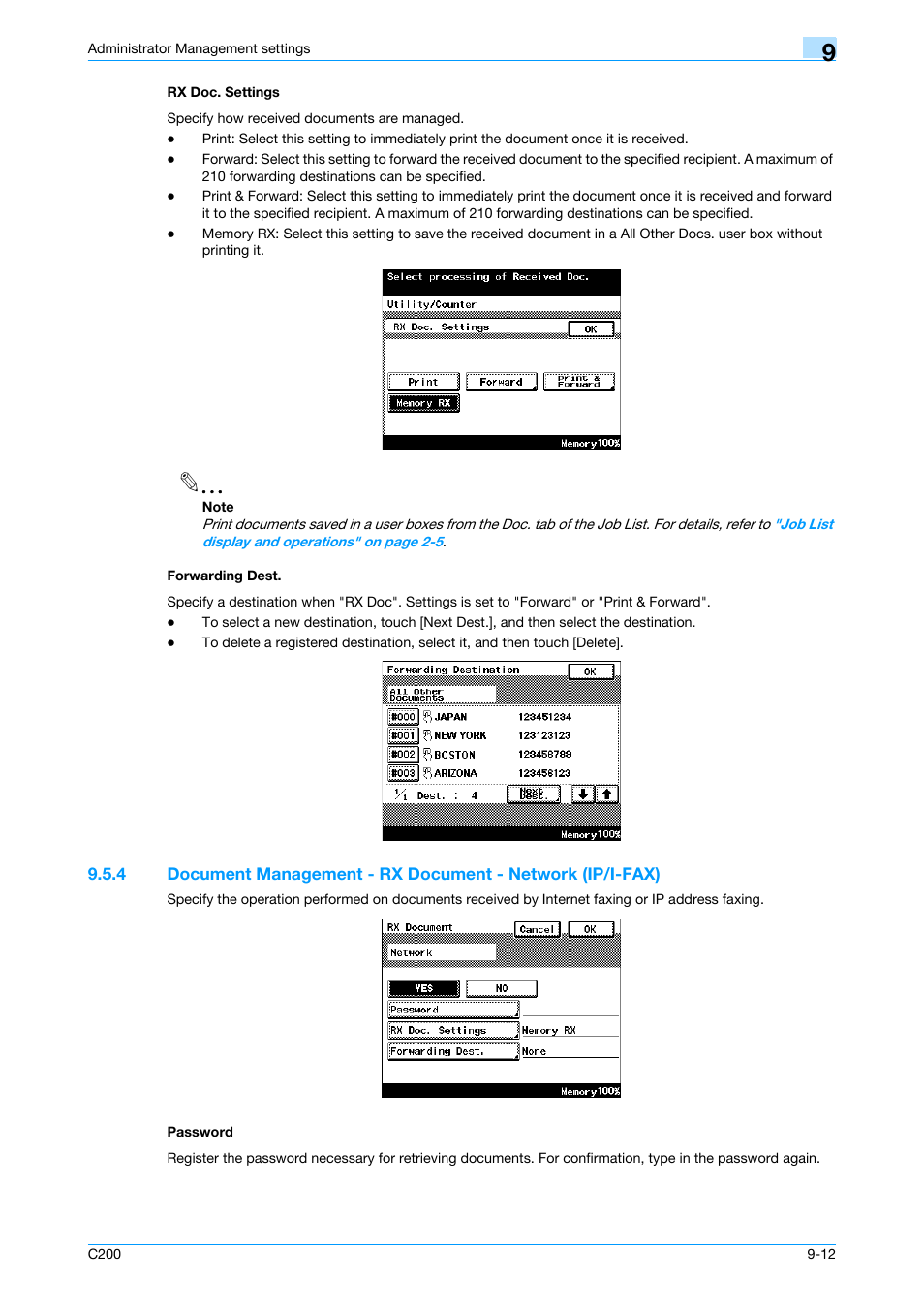 Rx doc. settings, Forwarding dest, Password | Rx doc. settings -12 forwarding dest -12, P. 9-12 | Konica Minolta bizhub C200 User Manual | Page 146 / 176