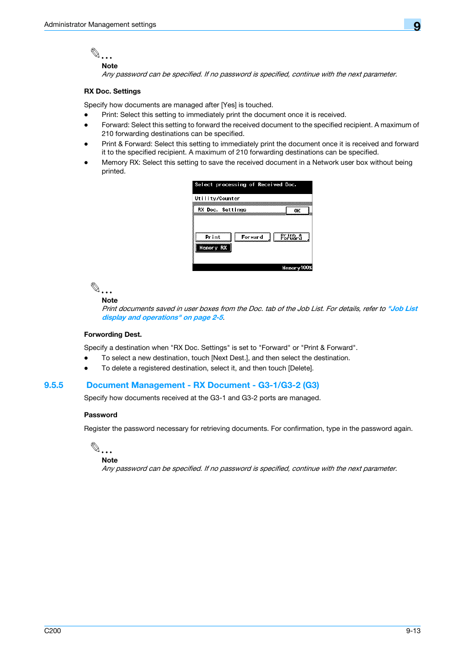 Rx doc. settings, Forwording dest, Password | Rx doc. settings -13 forwording dest -13, P. 9-13, Ssword | Konica Minolta bizhub C200 User Manual | Page 147 / 176