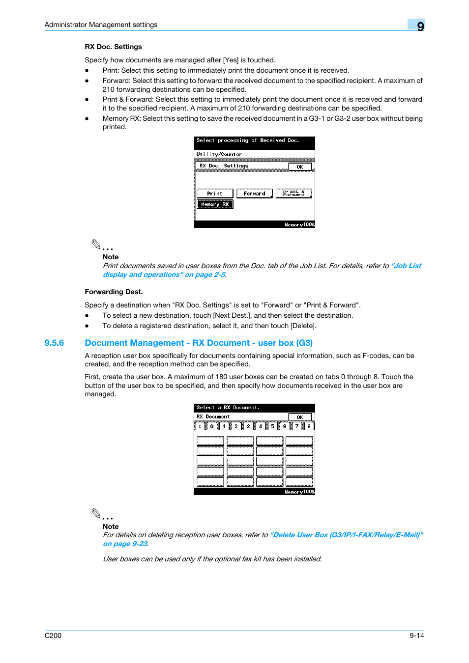 Rx doc. settings, Forwarding dest, Rx doc. settings -14 forwarding dest -14 | P. 9-14 | Konica Minolta bizhub C200 User Manual | Page 148 / 176