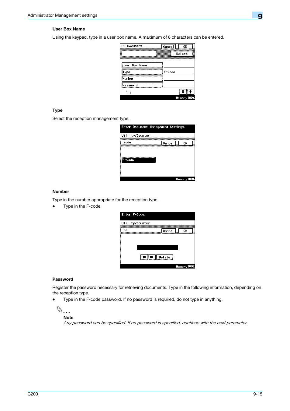 User box name, Type, Number | Password, User box name -15 type -15 number -15 password -15, P. 9-15, Mber | Konica Minolta bizhub C200 User Manual | Page 149 / 176