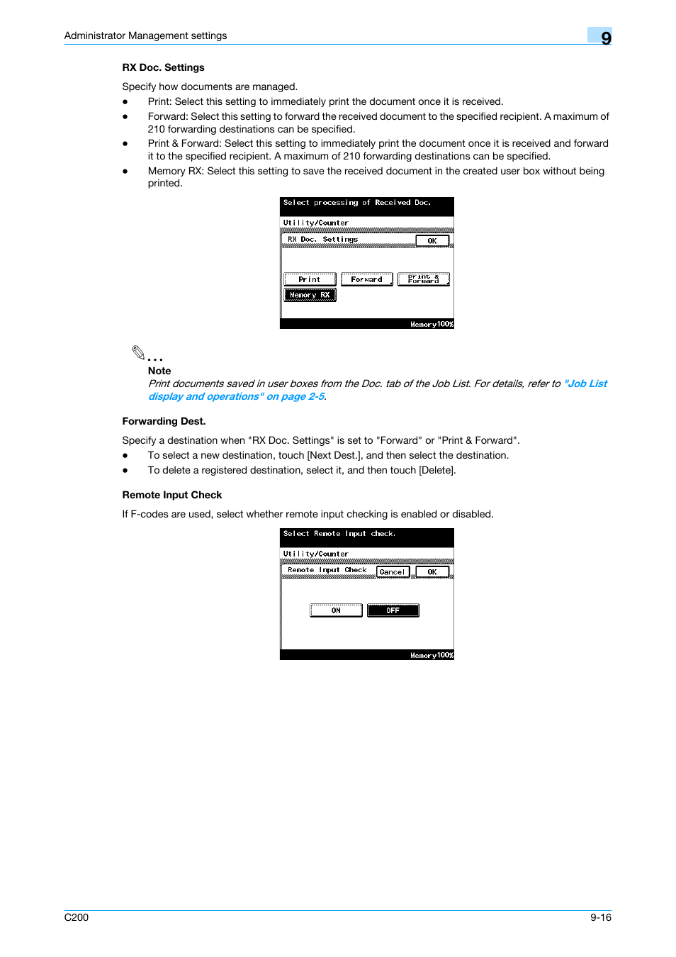 Rx doc. settings, Forwarding dest, Remote input check | P. 9-16 | Konica Minolta bizhub C200 User Manual | Page 150 / 176