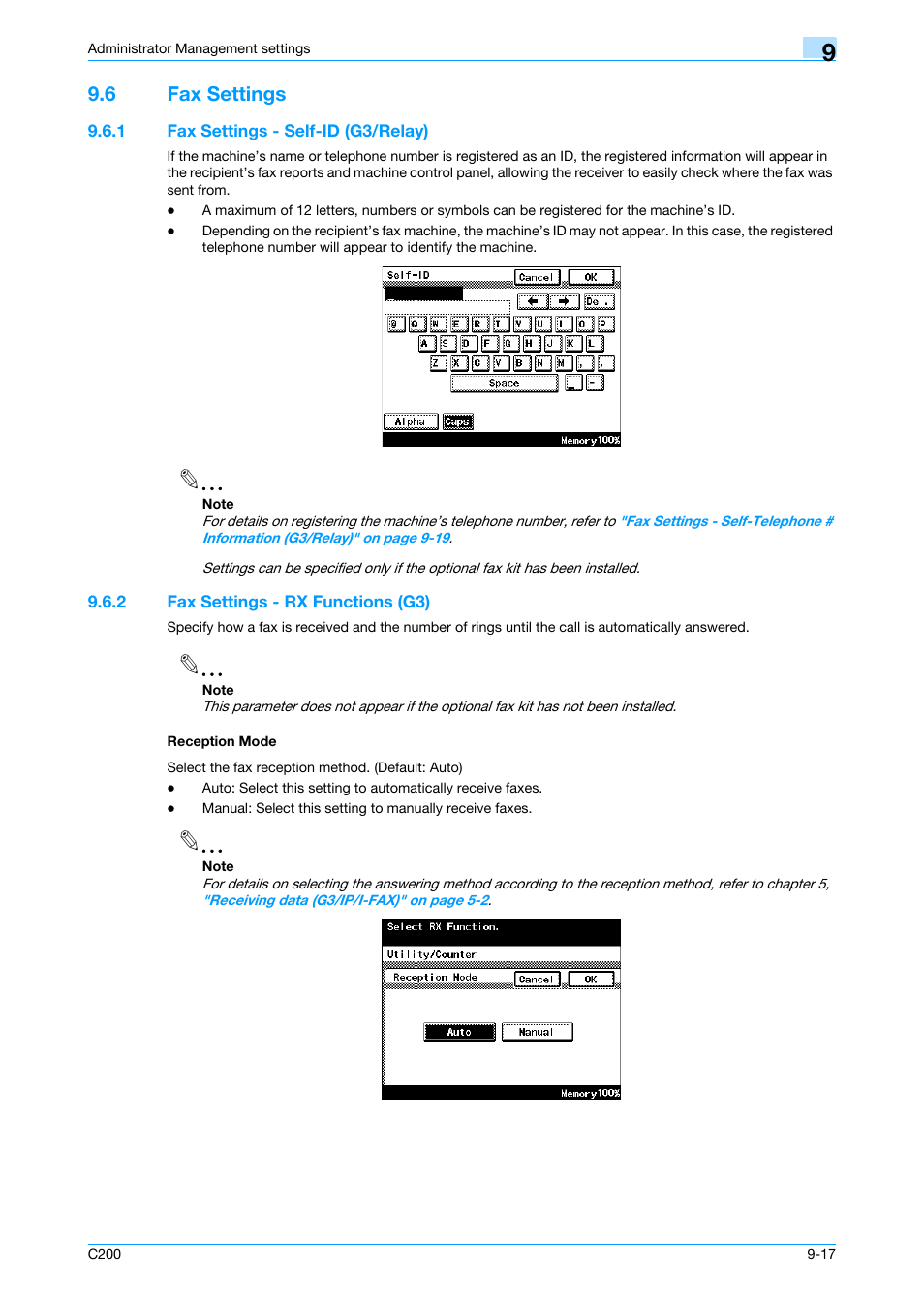 6 fax settings, 1 fax settings - self-id (g3/relay), 2 fax settings - rx functions (g3) | Reception mode, Fax settings -17, Fax settings - self-id (g3/relay) -17, Refer to, Fax settings - rx functions (g3)" on, Fax settings - rx functions (g3), P. 9-17 | Konica Minolta bizhub C200 User Manual | Page 151 / 176